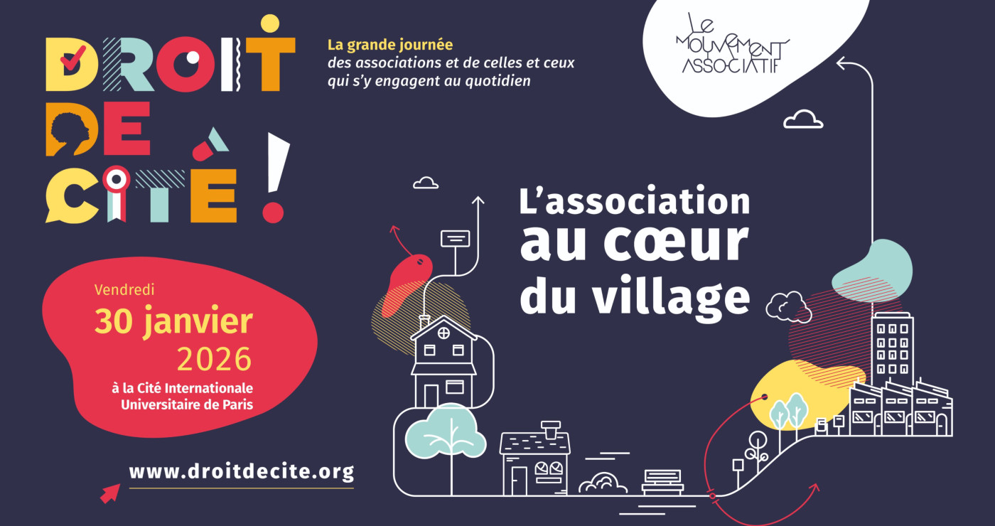 affiche droit de cité avec un village sur fond bleu